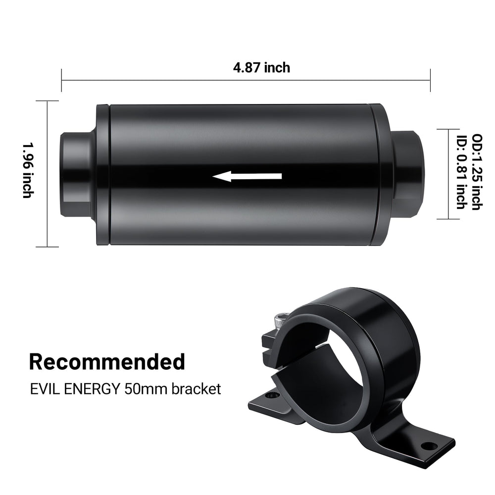 EVIL ENERGY inline fuel filter with 3/8-inch barb fittings ensuring clean fuel flow.