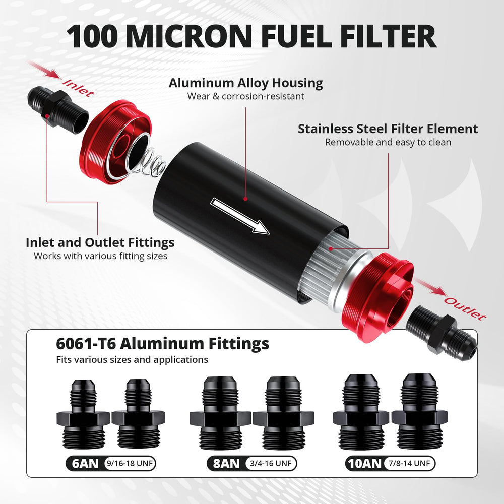 EVIL ENERGY inline fuel filter 10AN adapter supports high-flow setups.