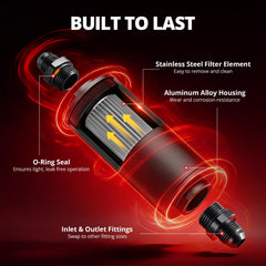 EVIL ENERGY inline fuel filter with 8AN adapter ensures secure connections.