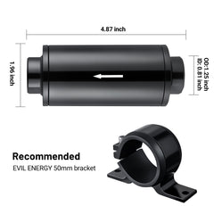 EVIL ENERGY inline fuel filter barbs closeup shows versatile adapters.