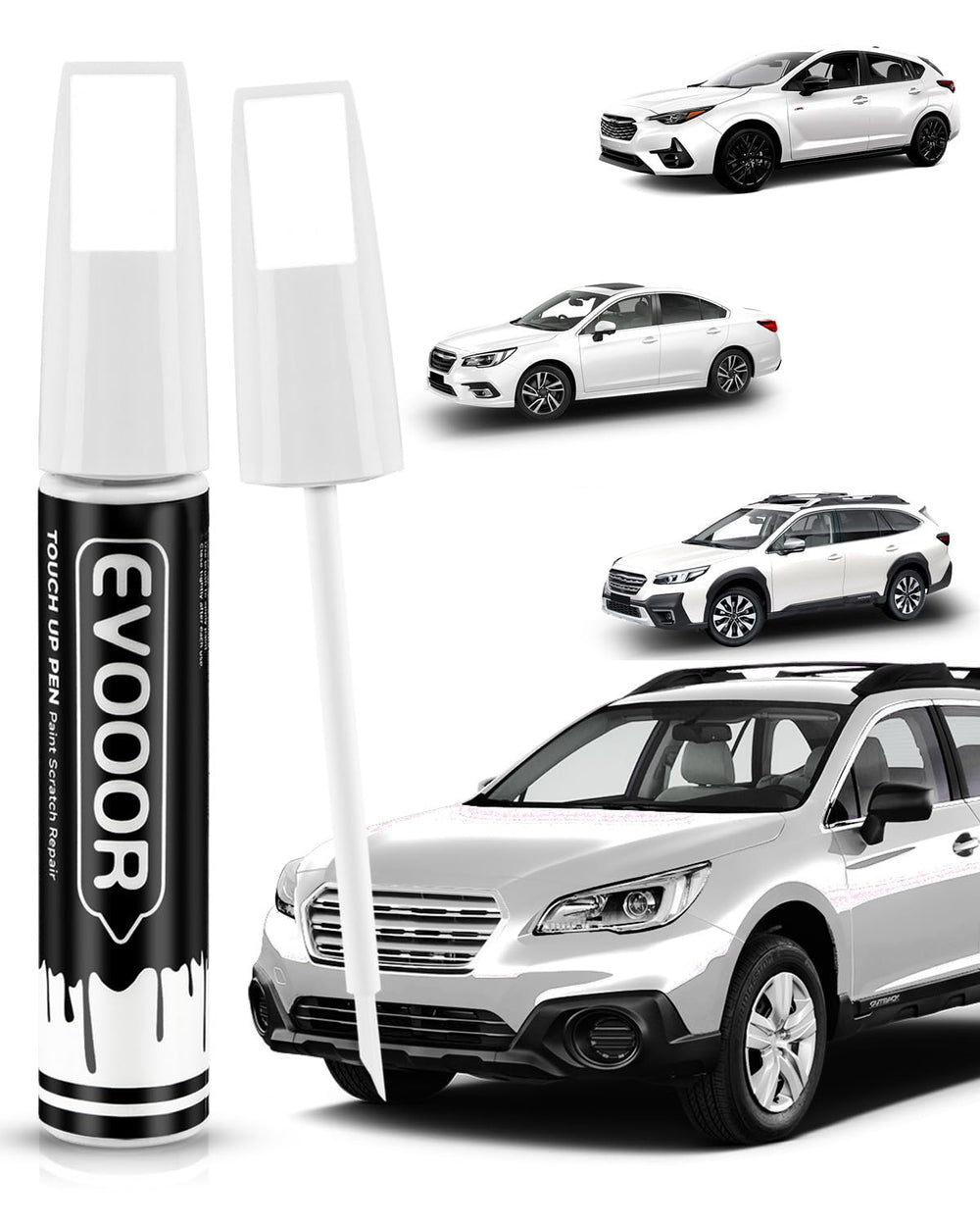 EVOOOR K1X 2-in-1 pen closeup showing precise color matching for Subaru touch-ups.
