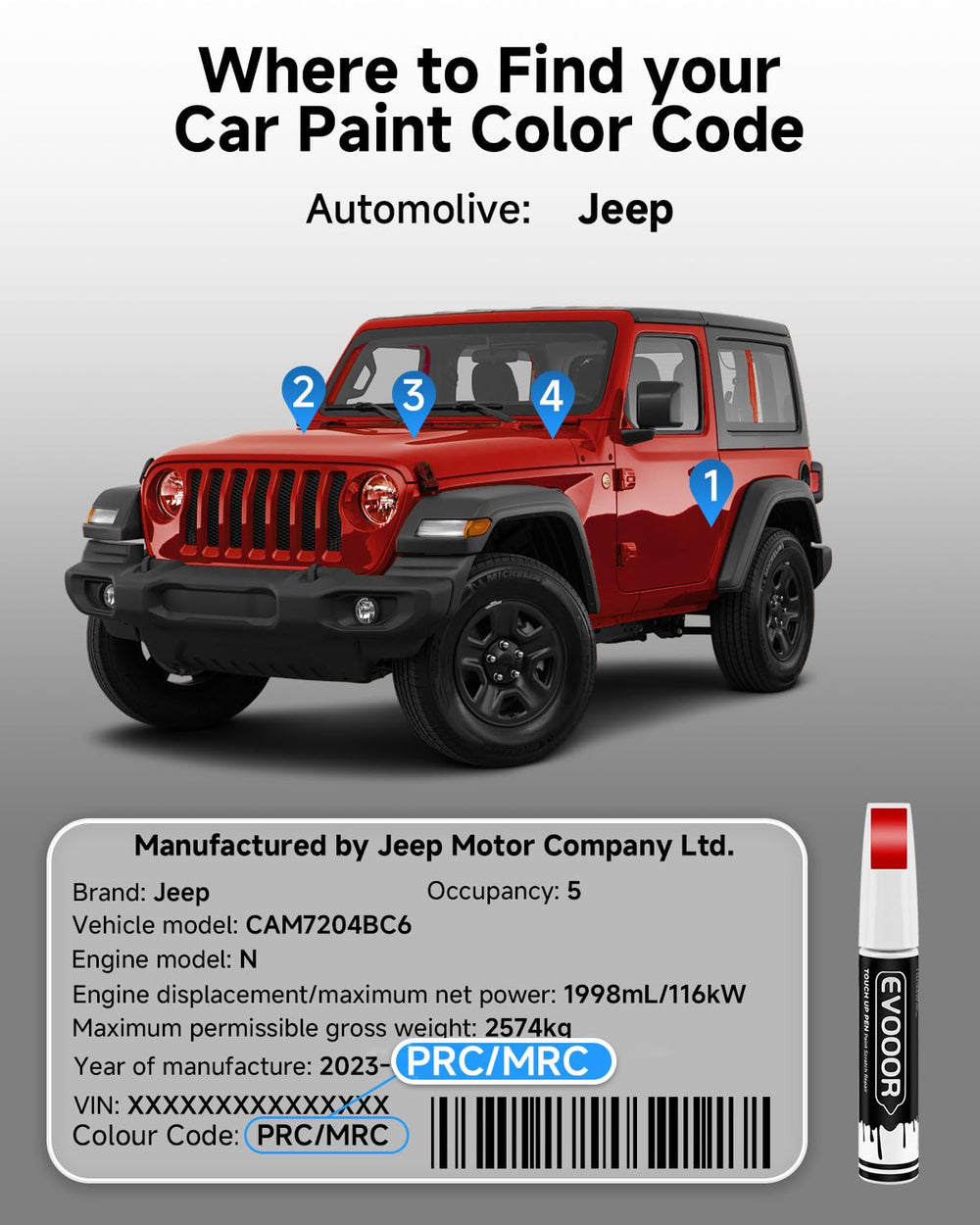 EVOOOR PRC/MRC Firecracker Red scratch-repair blends with existing Jeep paint.