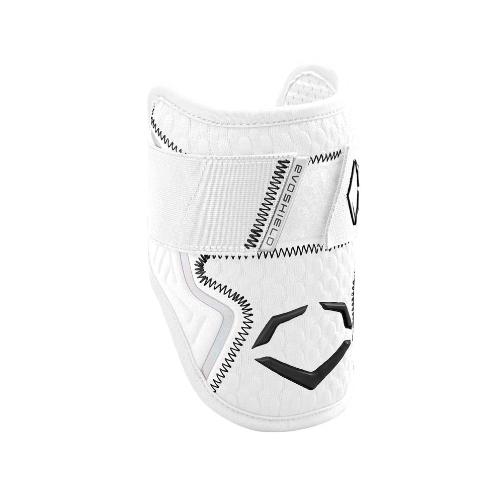EvoShield Pro-SRZ 2.0 batter's elbow guard in white offers customizable protection at the plate