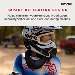 EVS R2 neck support hook-loop closure enables quick fit adjustments.