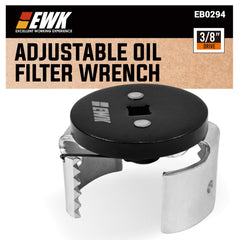 EWK 3/8 drive adjustable oil filter wrench in action delivering secure grip on spin-on filters