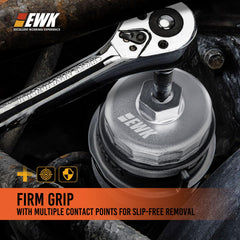 EWK forged aluminum oil filter wrench shown in action on a Toyota Camry.