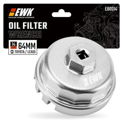 EWK 64mm oil filter wrench with four-slot grip removing Toyota caps securely.