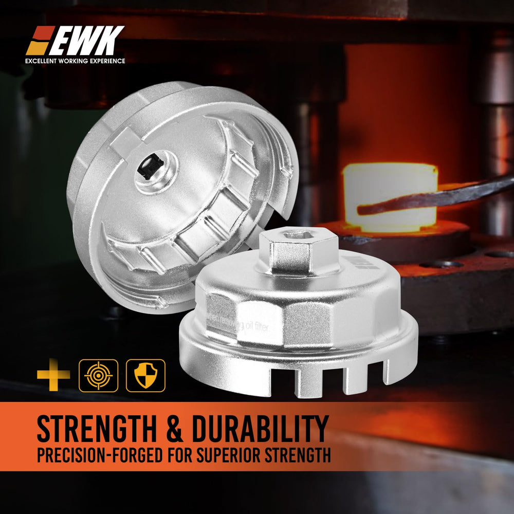 EWK 64mm wrench compatible with 3/8-inch ratchet for versatile removal leverage.