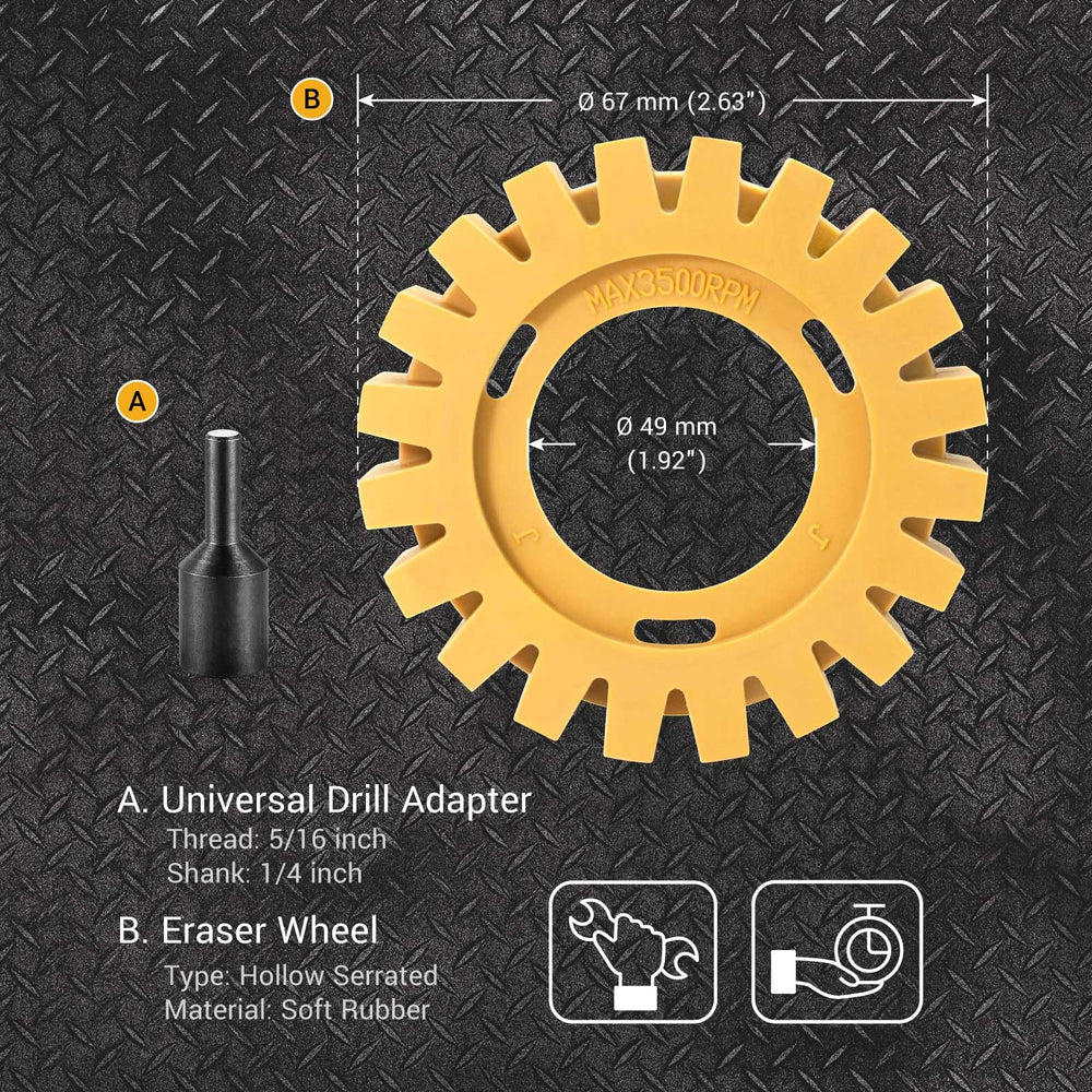 EWK adhesive residue removal wheel in soft polyurethane for paint safe cleanup.