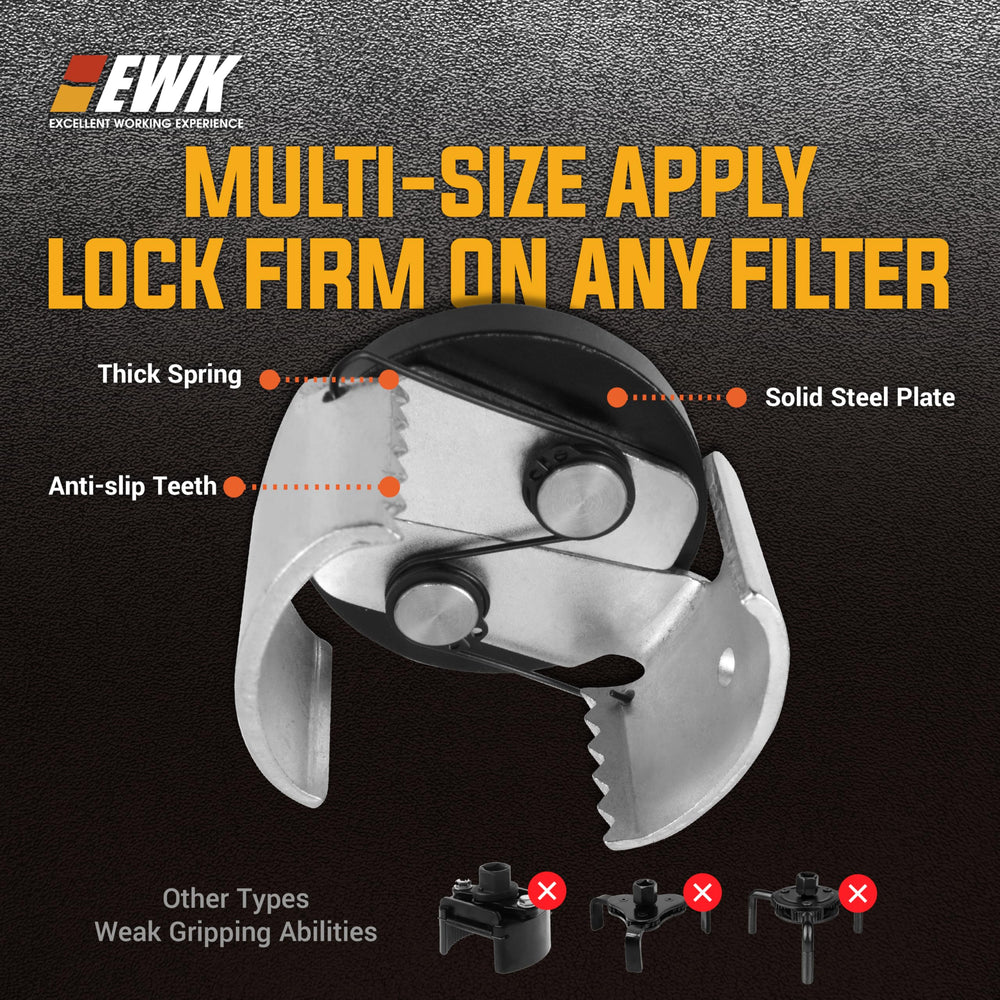 EWK wrench clamped onto a filter in a tight engine bay for easier removal