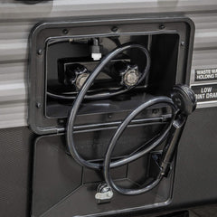 EXCELFU exterior shower installation showing simple RV portal mount.