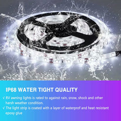 EXCELFU IP68 waterproof RV awning lights withstand rain for year-round camping.