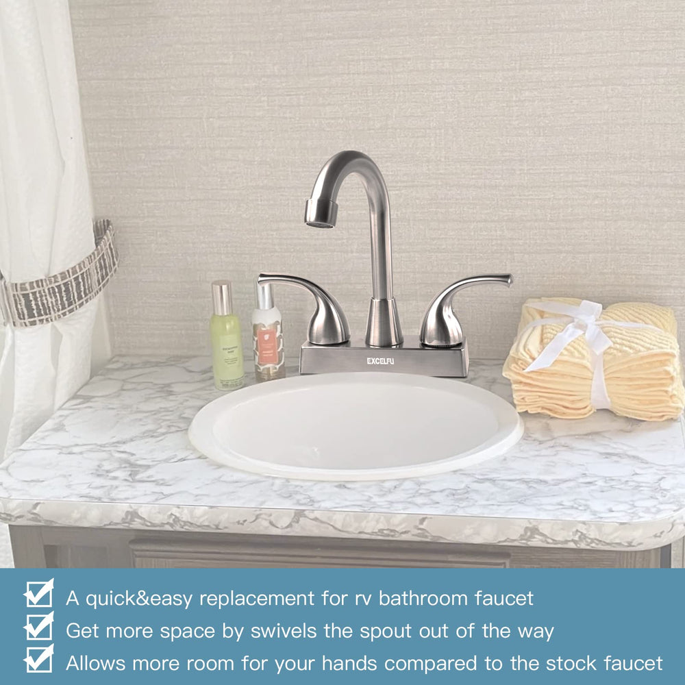 EXCELFU faucet with 360-degree swivels for flexible use in tight RV sinks.