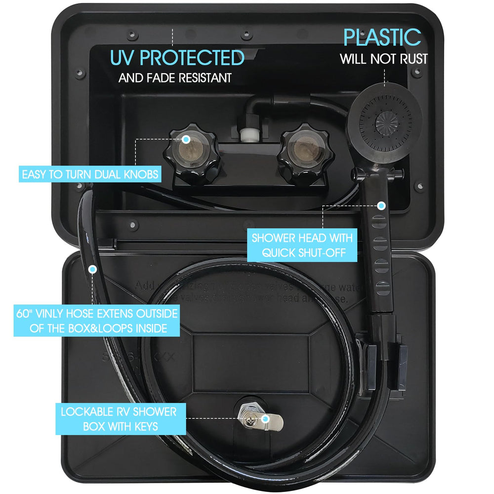 EXCELFU RV exterior shower faucet providing precise temperature control at campsites.