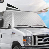 EXCELFU RV windshield cover front view blocks heat and fits Class C Ford E450 RVs securely.