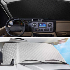 EXCELFU RV windshield cover four-layer material offers heat and UV protection.