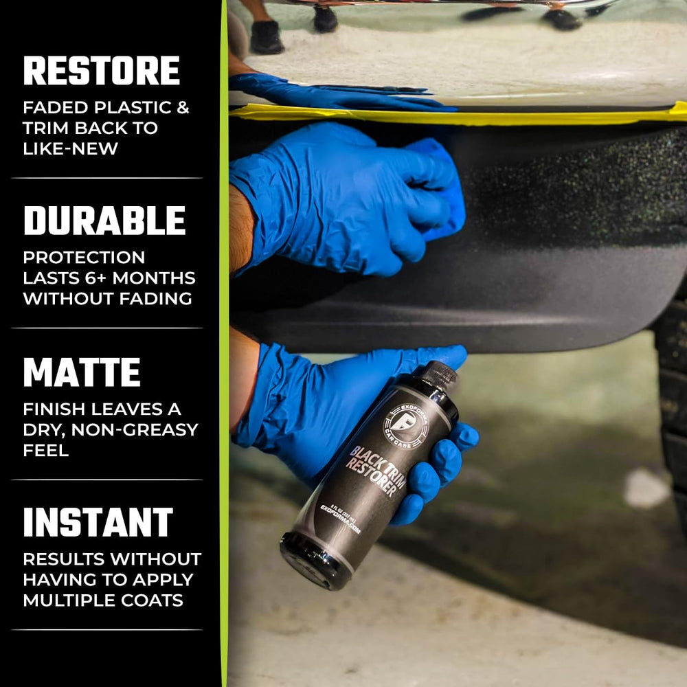 ExoForma Black Trim Restorer before-after shows dramatic color revival on faded bumpers and plastics