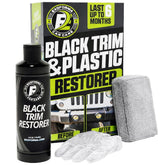 ExoForma Black Trim Restorer bottle pour demonstrates even dye infusion for a lasting finish