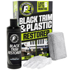 ExoForma Black Trim Restorer bottle pour demonstrates even dye infusion for a lasting finish
