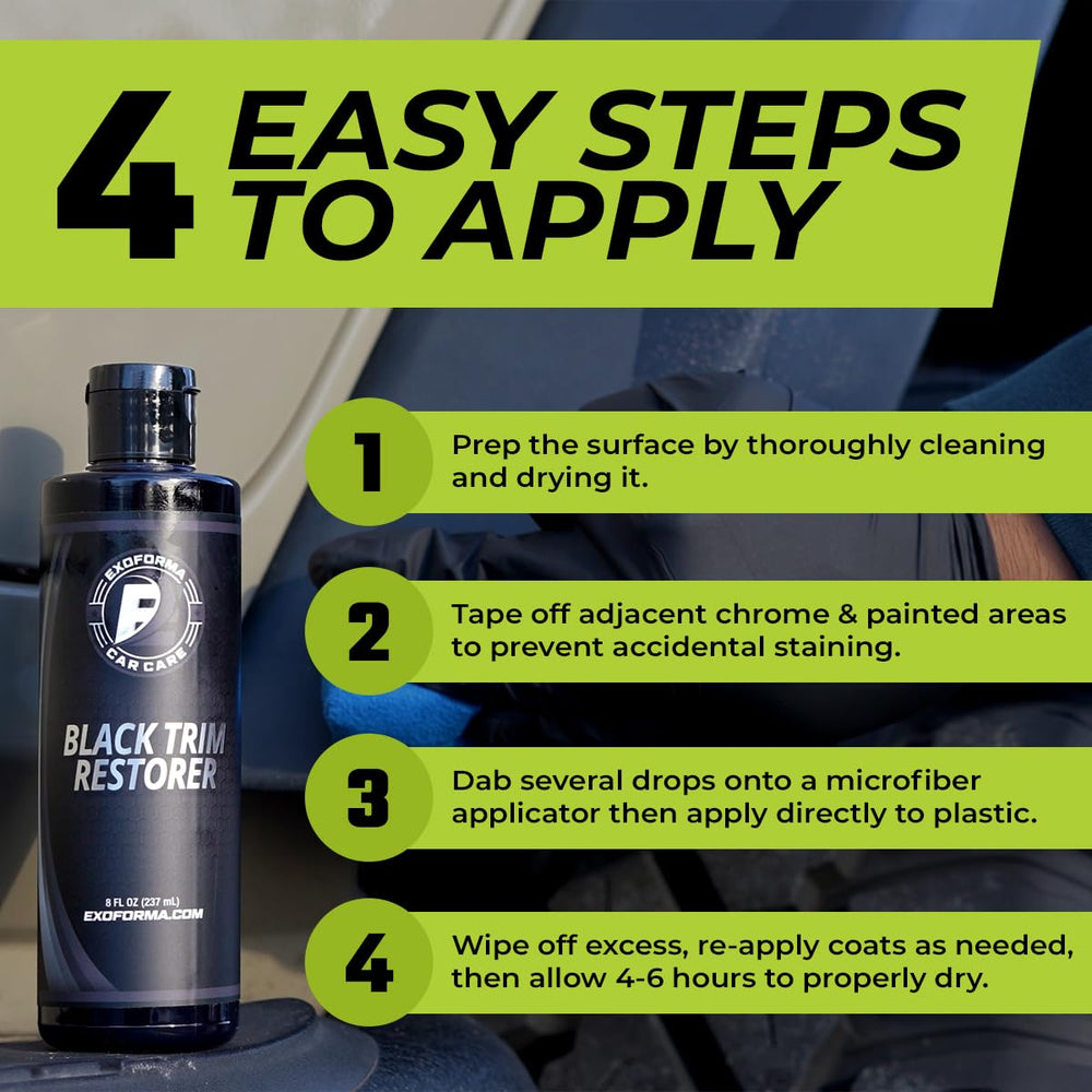ExoForma Black Trim Restorer interior-exterior-use expands to bumpers and dashboards.