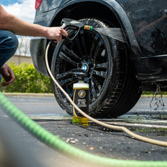 Close-up of product label on ExoForma Wheel and Tire Cleaner