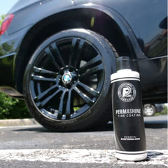 High-gloss Permashine finish after cleaning for a refreshed tire look.