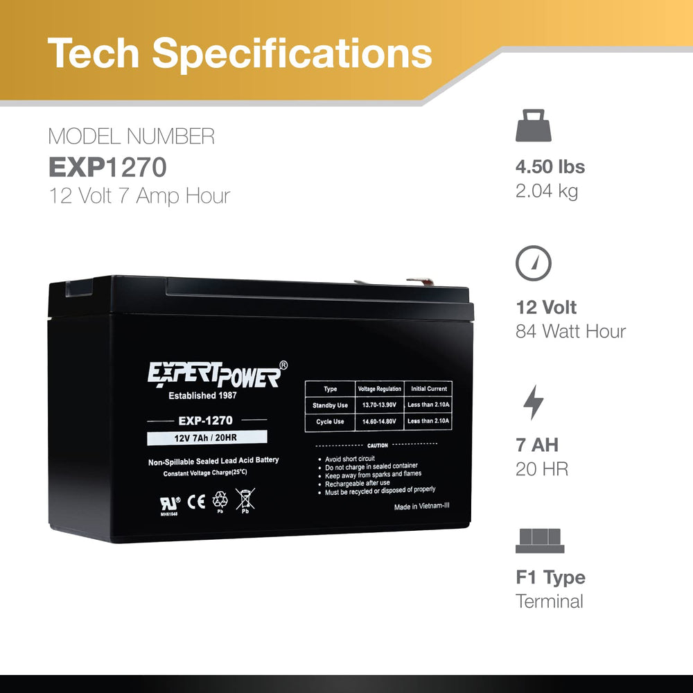 ExpertPower 12V7Ah battery dimensions for easy fit in enclosures.