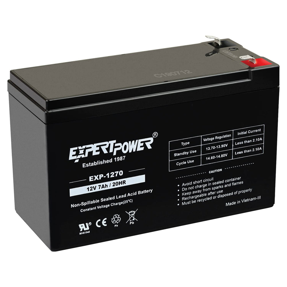 ExpertPower 12V7Ah battery front view for alarm systems compatibility.
