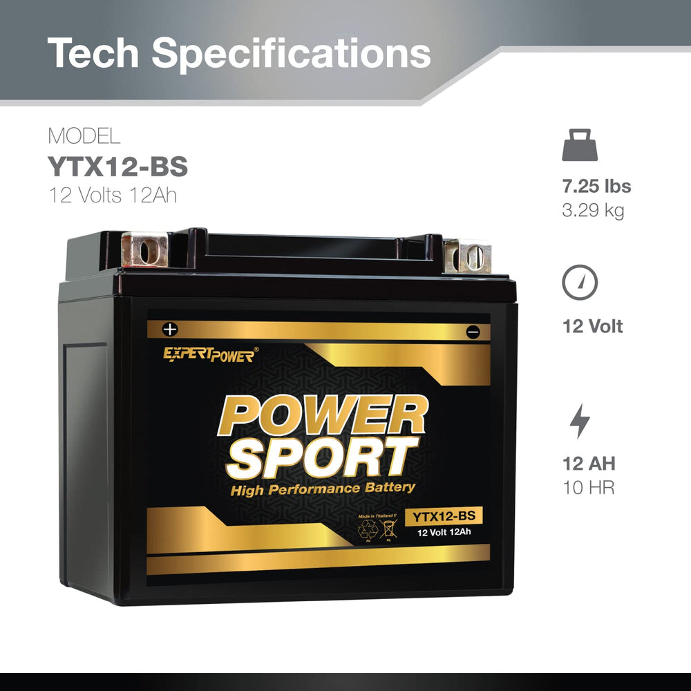 ExpertPower YTX12-BS AGM battery side profile showcasing rugged, off-road durability.