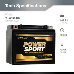 ExpertPower YTX12-BS AGM battery side profile showcasing rugged, off-road durability.