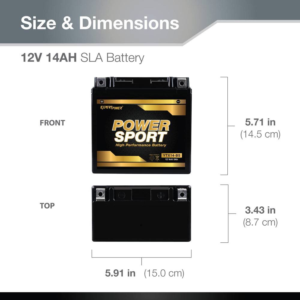 ExpertPower YTX14-BS ATV battery side view, durable for high-vibration environments.