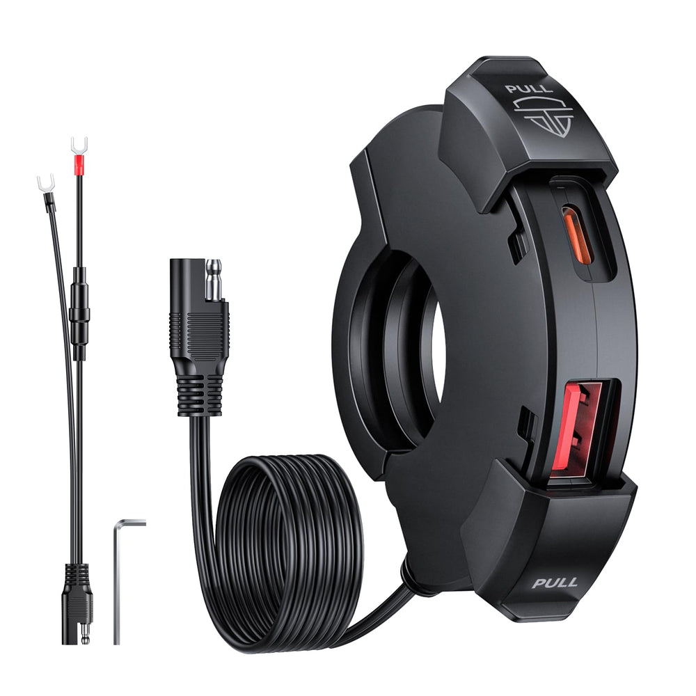 EXTRACTME ultra-narrow charger mounted on handlebars for tidy cockpit charging.