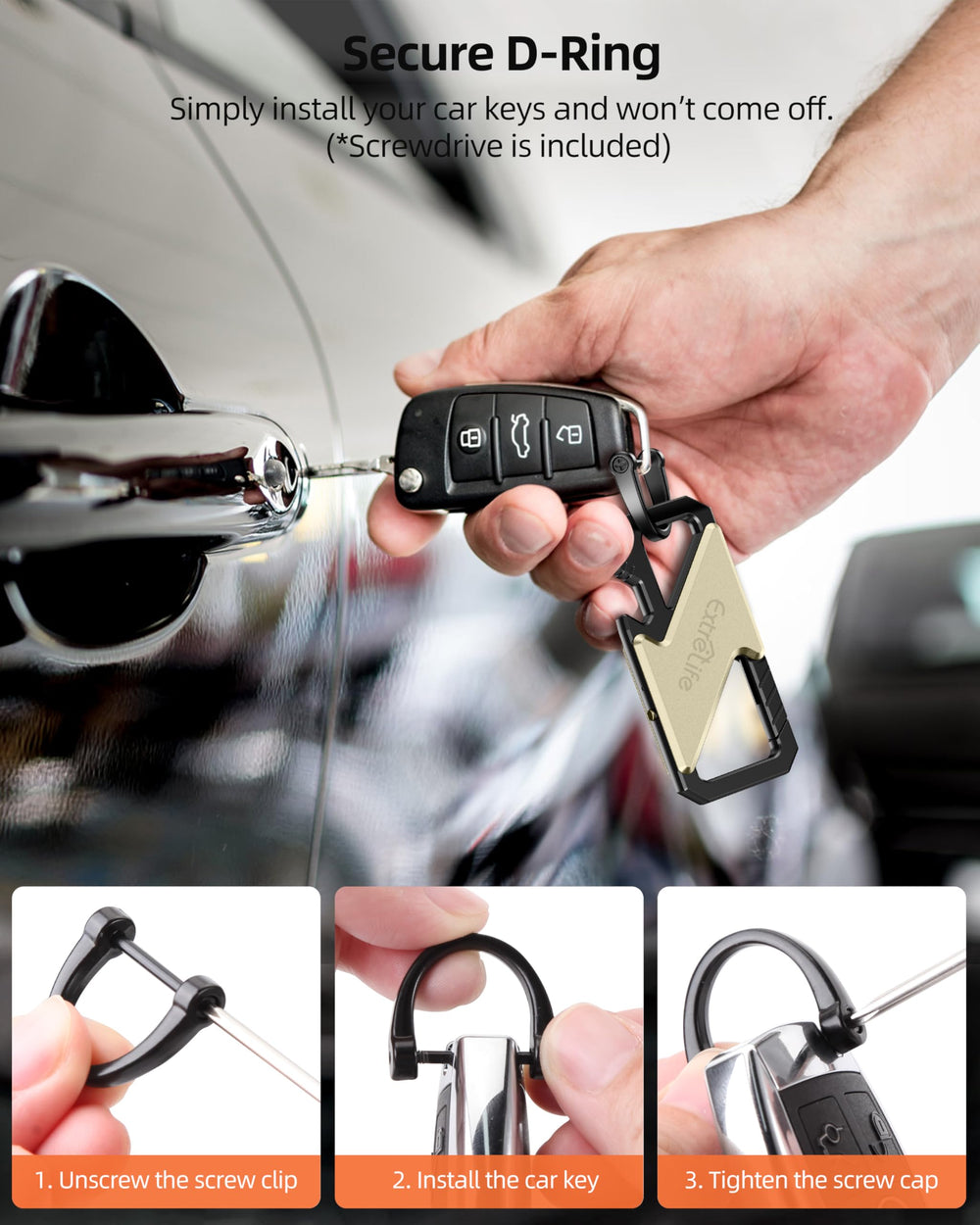 Compact ExtreLife keychain clipped to belt or backpack.