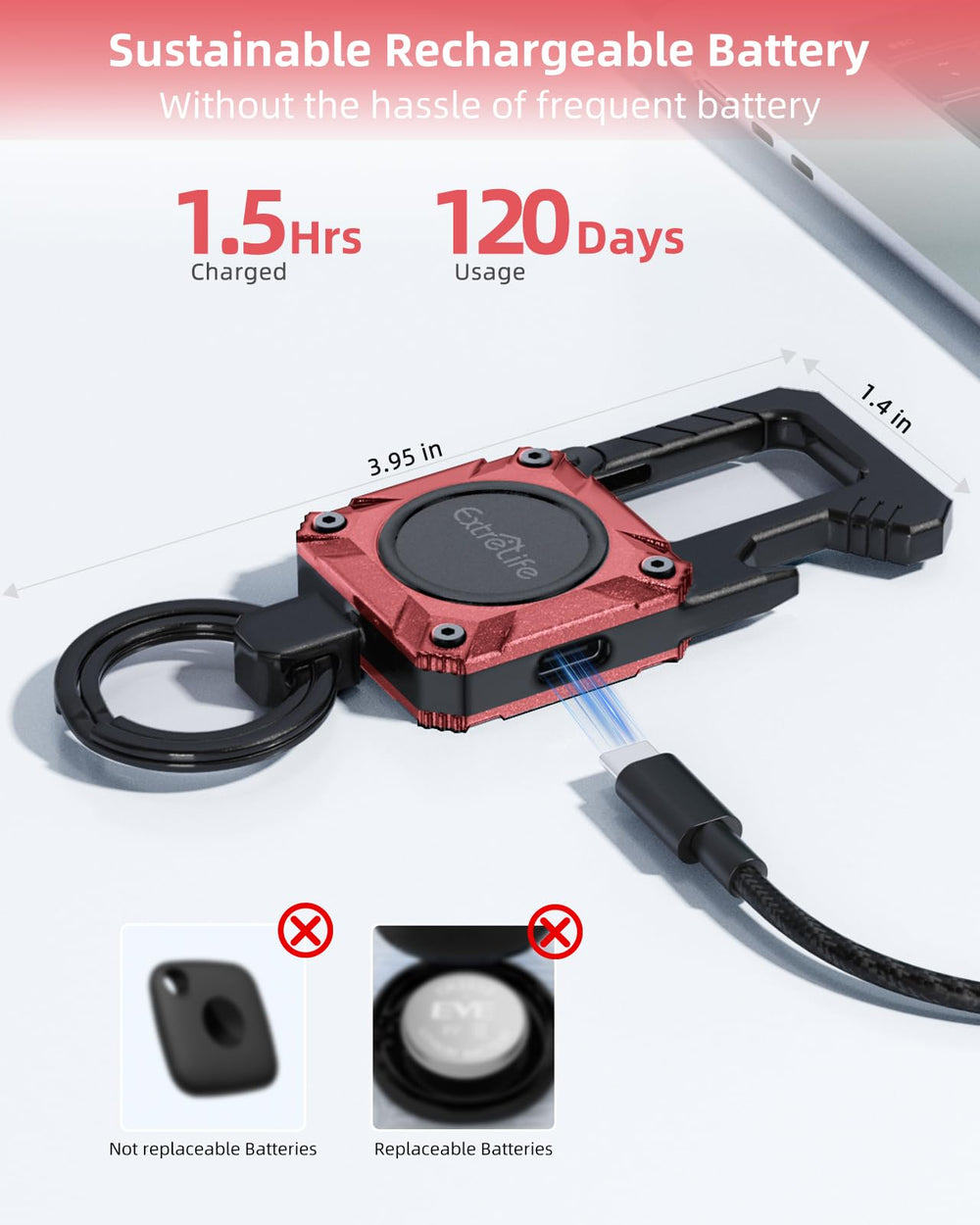 ExtreLife keychain rechargeable battery lasts months between charges.