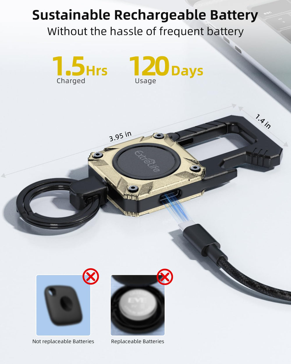 ExtreLife rechargeable battery lasts months between charges for low-maintenance tracking.