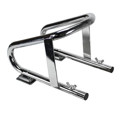 Extreme Max wheel chock's chrome tubing showcases durable construction for bike parking.