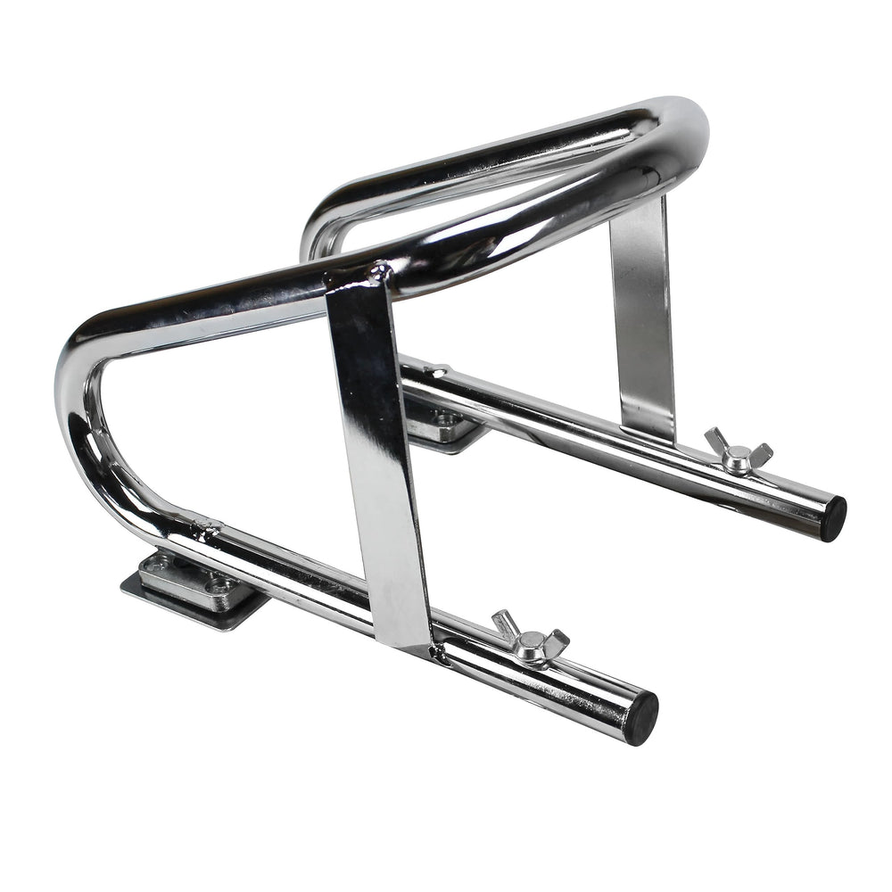 Extreme Max Deluxe chrome wheel chock mounted on a solid surface provides secure tire positioning.