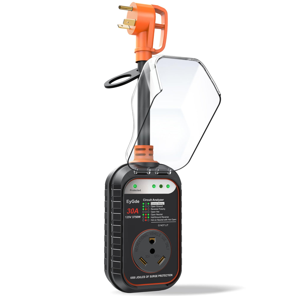 EyGde RV Surge Protector with cover demonstrating 30-amp safety for campgrounds.