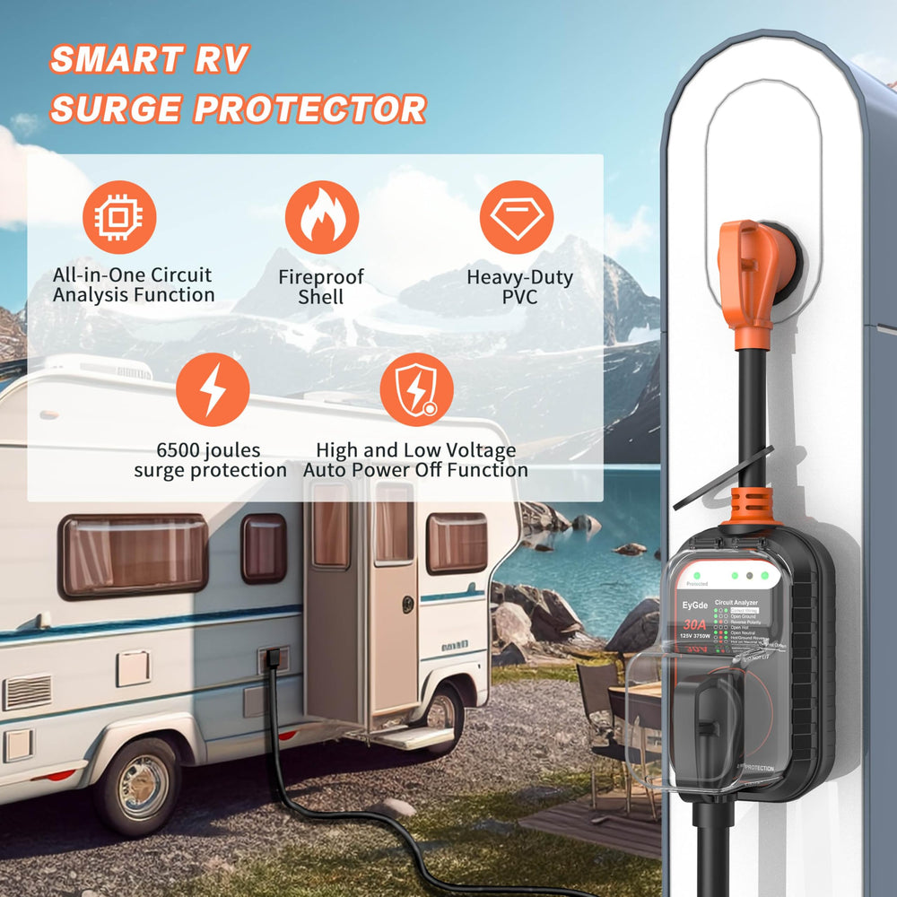 EyGde 6500 Joules surge protection guards essential RV electronics.