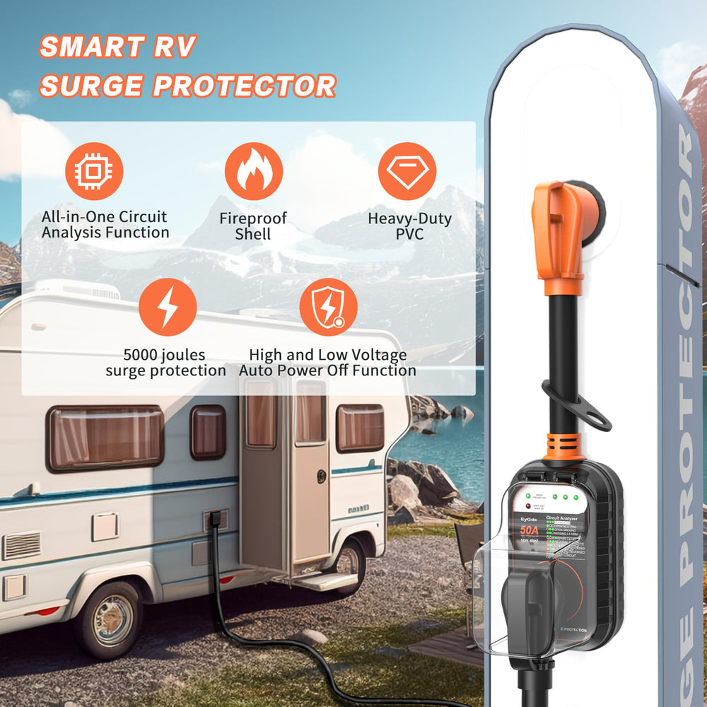 EyGde RV surge protector with IP67 waterproof cover for outdoor camping.