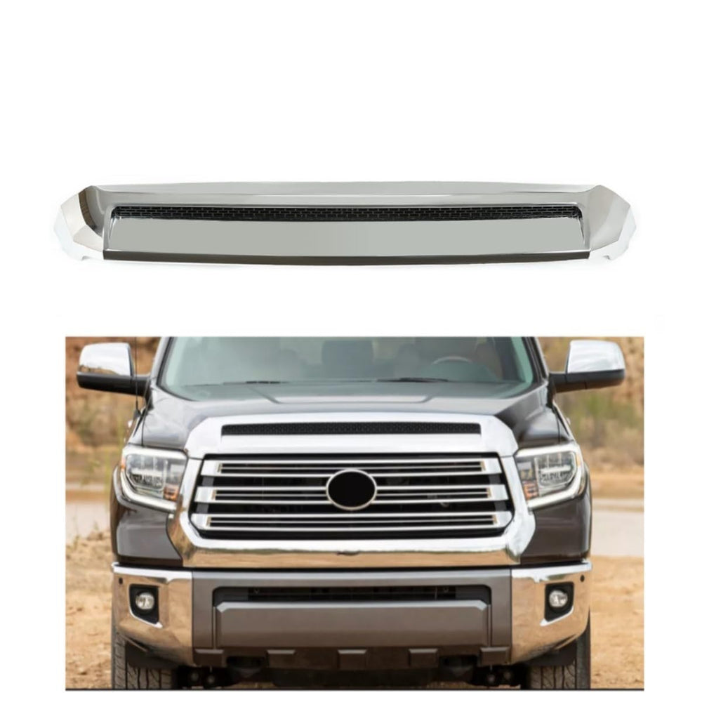 EzMech chrome hood bulge molding close-up on Tundra, cohesive chrome look.