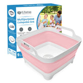 EZuraa pink collapsible dish basin with drain plug, ideal for compact kitchen cleanup