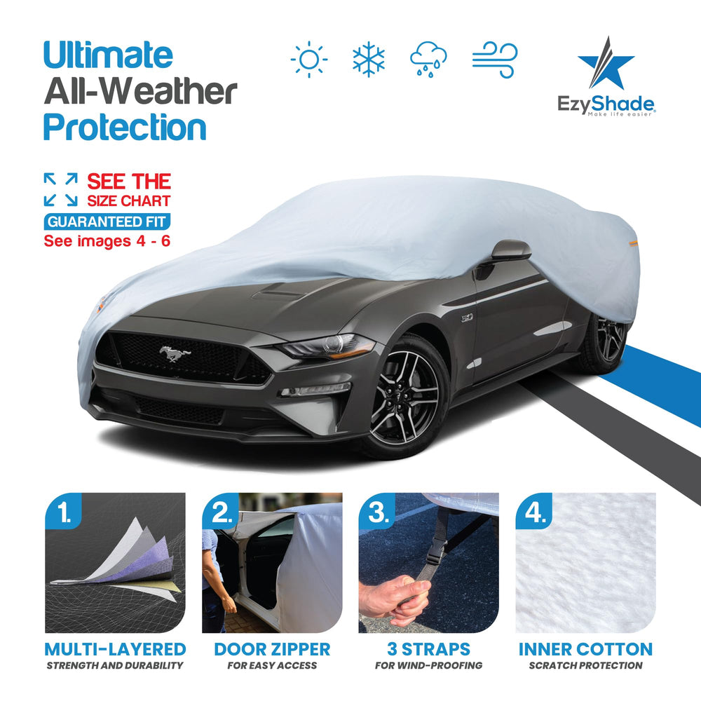 EzyShade 10-Layer waterproof car cover side view shows reinforced stitching for durability.