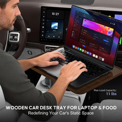 Fabias car desk wooden cup holder keeps beverages secure while driving.