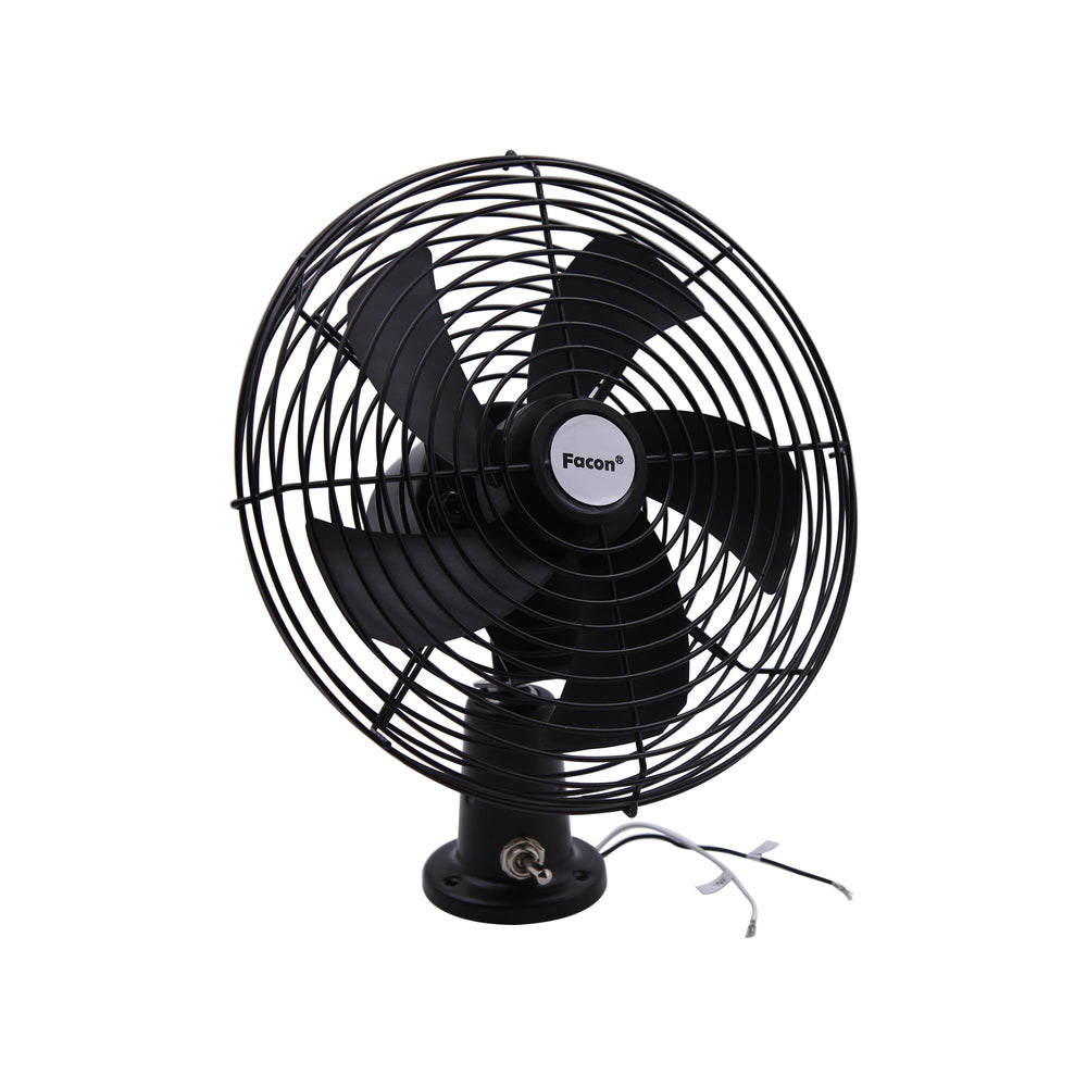 Facon 12V RV cooling fan front view highlights compact, durable metal housing for versatile mounting