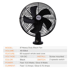 Facon 12V RV cooling fan side view shows slim profile for easy installation in tight spaces