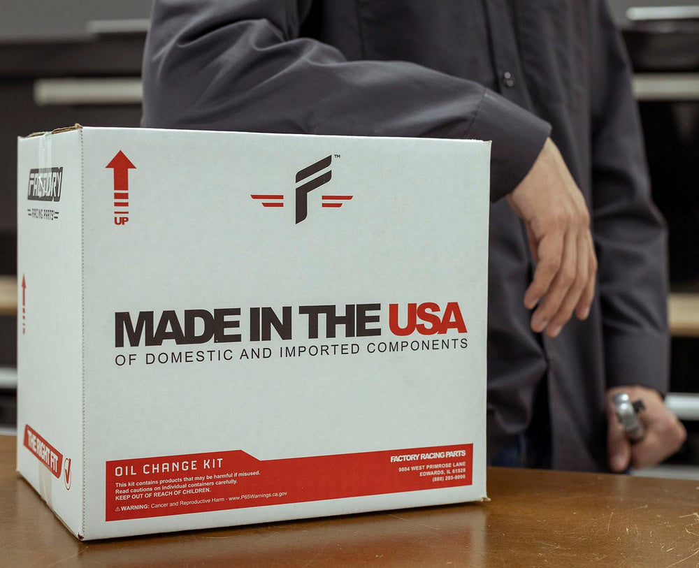 Factory Racing Parts oil change kit in-use image demonstrates straightforward service steps