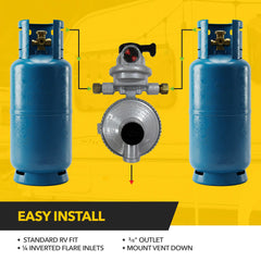 Fairview GR-9984 regulator connection close-up with dual 1/4-inch inlets for easy RV hookups