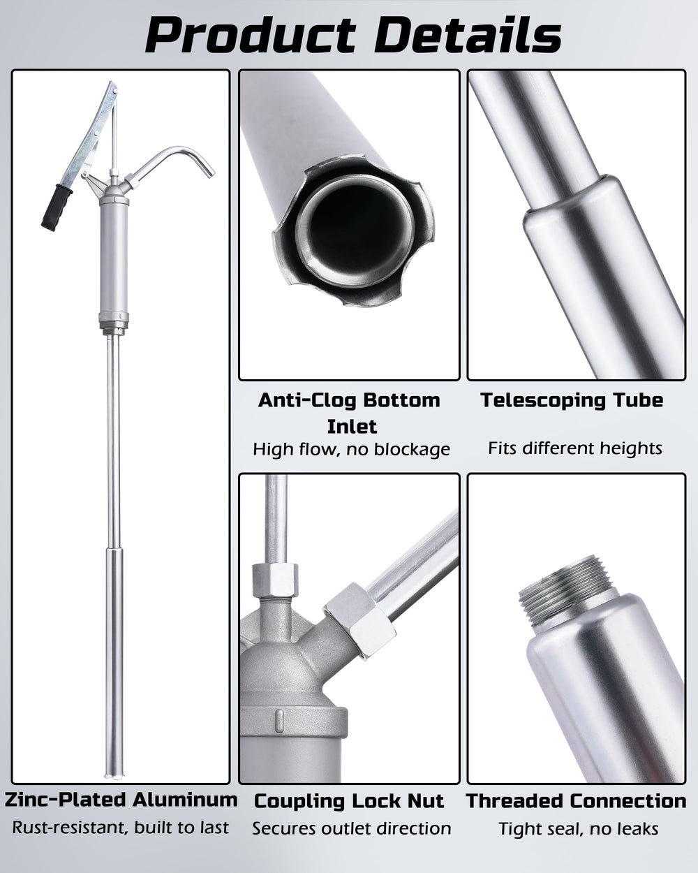 FAITIO drum pump fits 5–55 gallon drums with telescoping tube