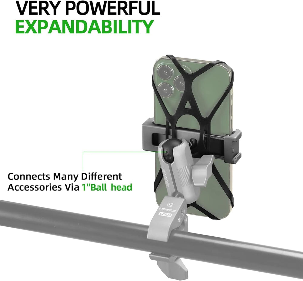 FANAUE secure clamp highlights effortless one-handed placement on handlebars.